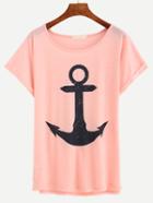 Shein Anchor Print Rolled Sleeve Pink T-shirt
