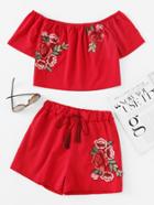 Shein Bardot Embroidered Appliques Top With Tassel Tie Shorts