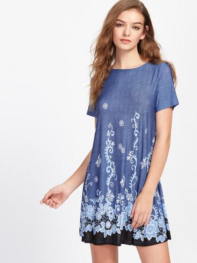 Shein Vine Flower Print Flowy Dress