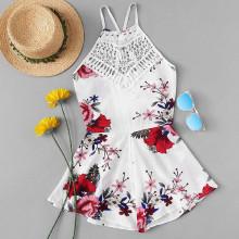 Shein Hollow Crochet Lace Panel Floral Print Jumpsuit