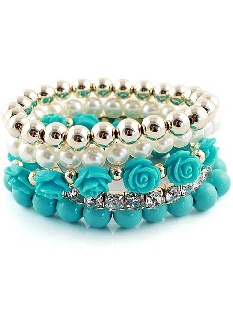 Shein Blue Gold Multilayer Bead Flower Bracelet