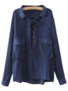 Shein Navy Long Sleeve Pockets Lace Up Blouse