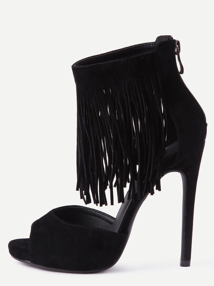 Shein Black Faux Suede Fringe Platform High Heel Sandals