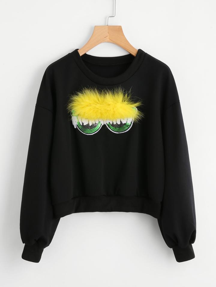 Shein Faux Fur Sequin Eyes Applique Sweatshirt