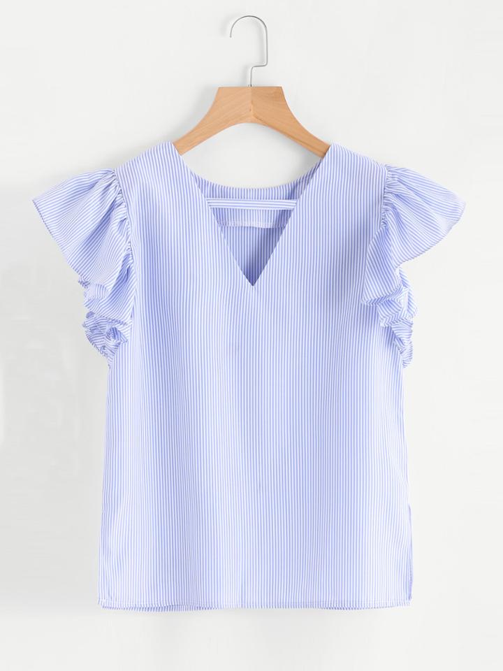 Shein Cutout Neck Frill Sleeve Pinstripe Top