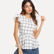 Shein Pleated Ruffle Hem Grid Top