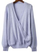 Shein Blue Ribbed Trim V Neck Wrap Sweater
