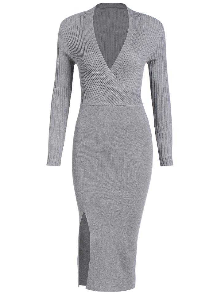 Shein Grey V Neck Slim Split Knit Dress