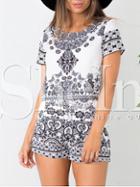 Shein White Short Sleeve Vintage Print Top With Shorts