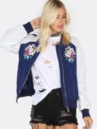 Shein Floral Embroidered Bomber Jacket Navy