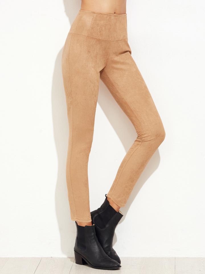 Shein Khaki Suede Elastic Waist Skinny Pants