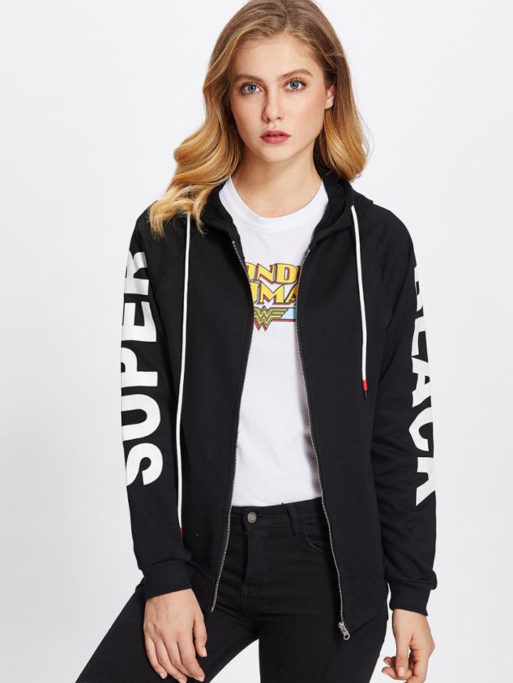 Shein Letter Print Sleeve Hoodie Jacket