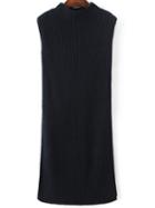 Shein Navy Mock Neck Sleeveless Side Slit Knit Dress