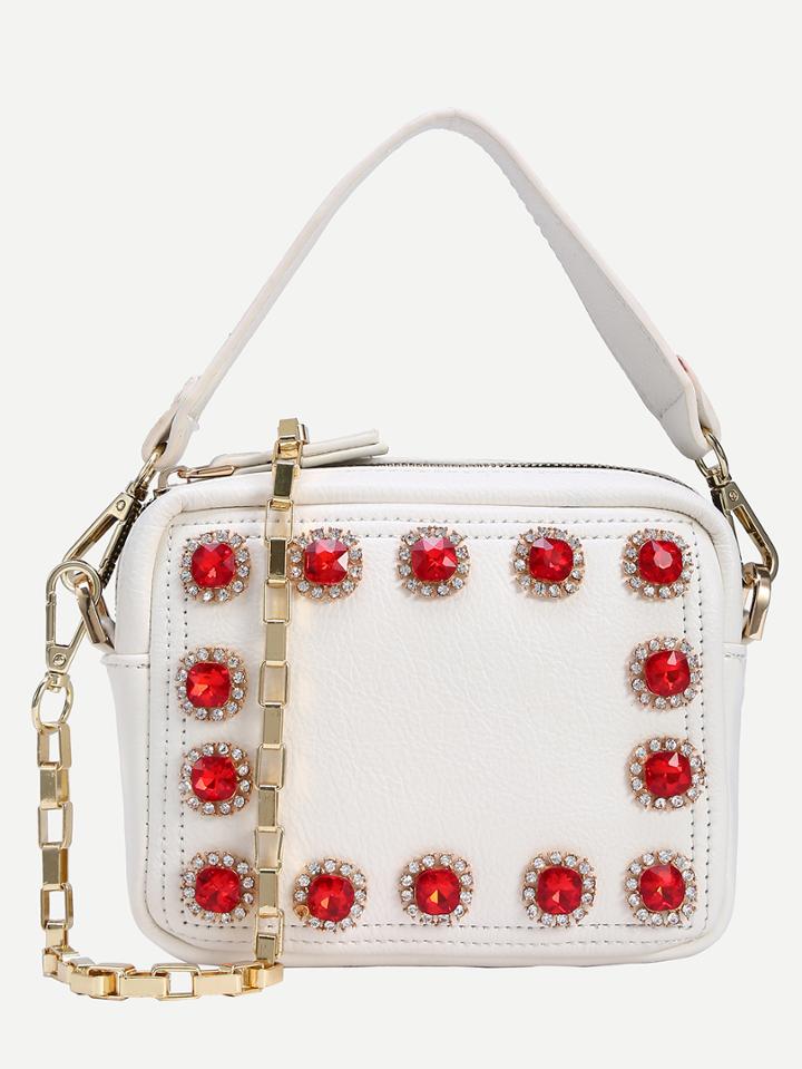Shein Rhinestone Embellished Handbag With Chain - White