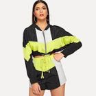 Shein Colorblock Drawstring Hem Hooded Jacket And Shorts Set
