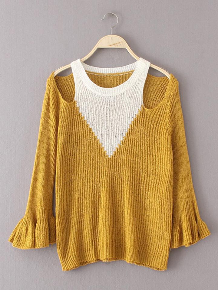 Shein Two Tone Open Shoulder Fluted Sleeve Knitwear