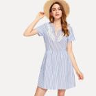Shein V-cut Front Lace Applique Striped Dress