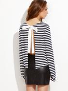 Shein Navy And White Striped Split Bow Back T-shirt