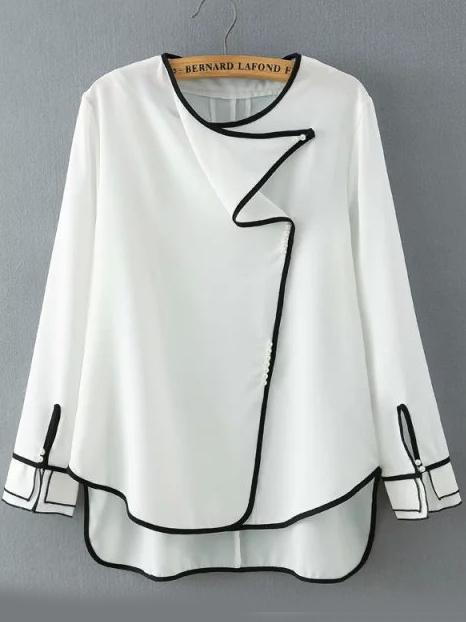 Shein White Round Neck Contrast Trims Dip Hem Blouse