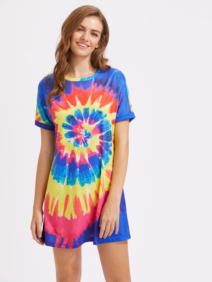 Shein Roll Sleeve Spiral Tie Dye Dress