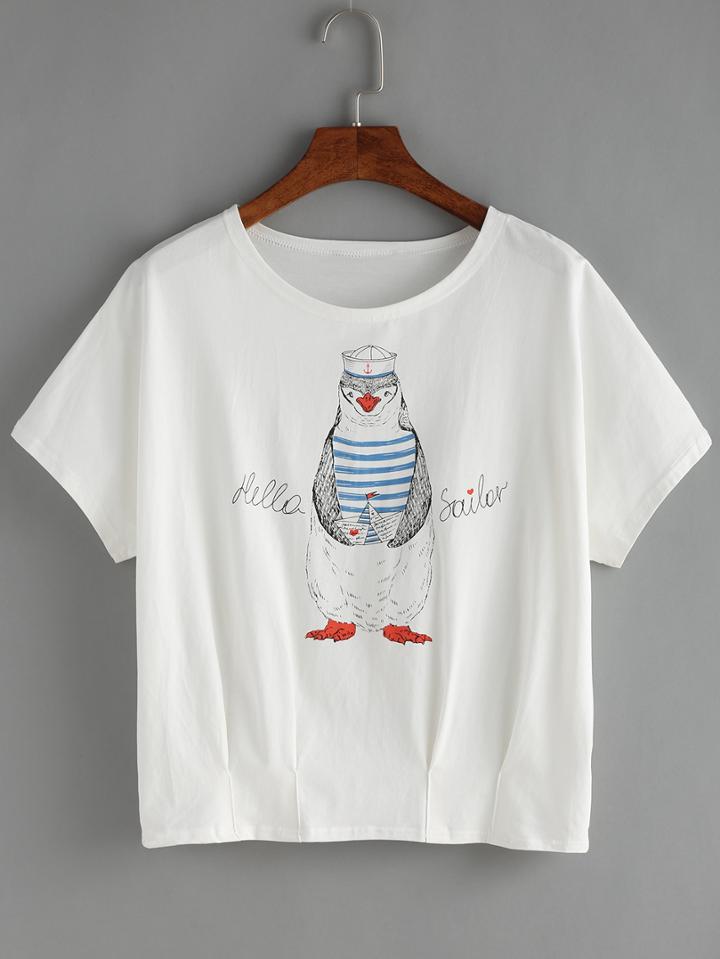 Shein Penguin Print Folds T-shirt
