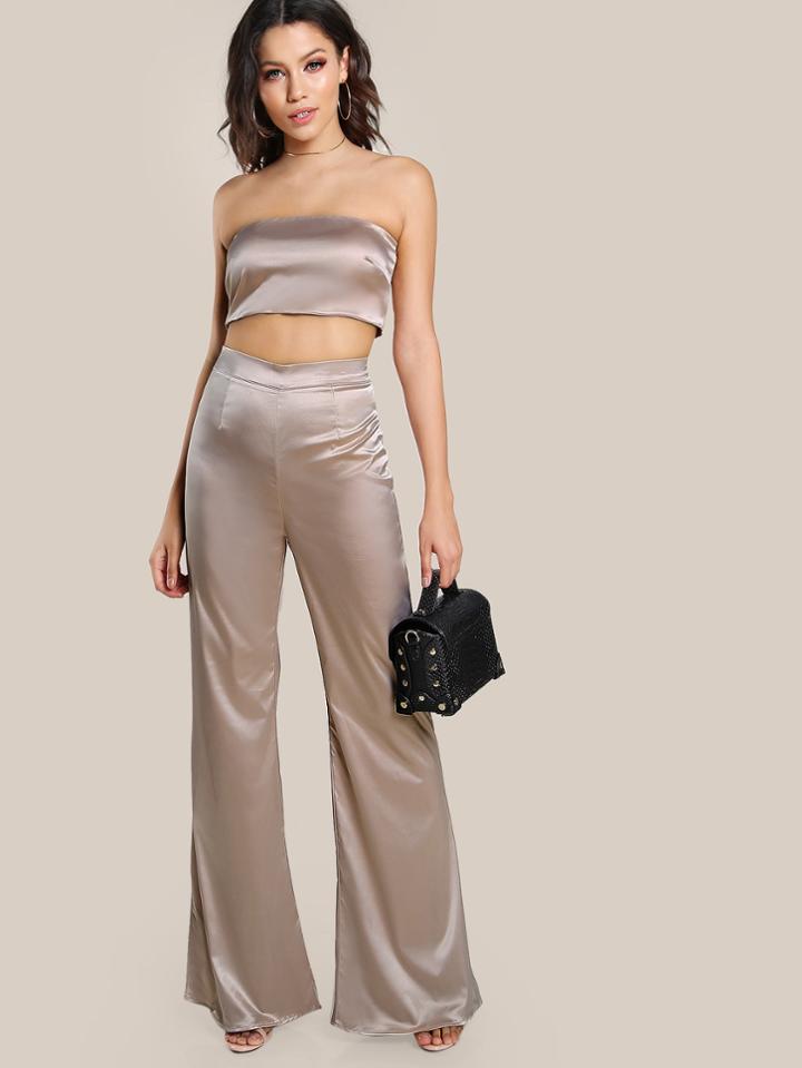 Shein Satin Solid Bandeau & Matching Pants Set
