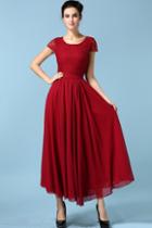 Shein Wine Red Drapery Short Sleeve Rouge Lace Chiffon Dress