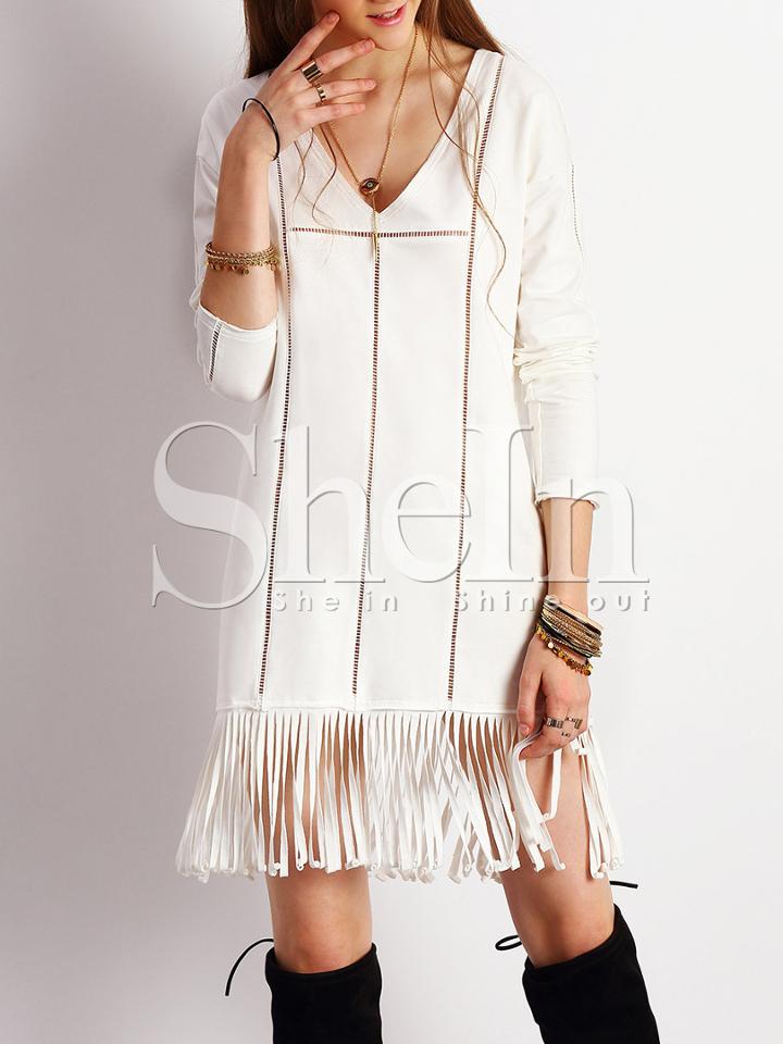 Shein Beige Eyelet Fringe Hem Dress