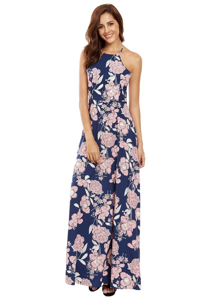 Shein Multicolor Halter Neck Floral Print Maxi Dress