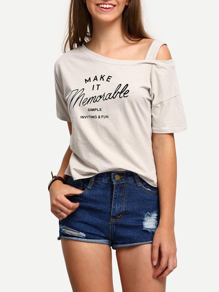 Shein Grey Open Shoulder Letters Print T-shirt