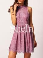 Shein Pink Mock Neck Sleeveless Lace Embroidered Dress