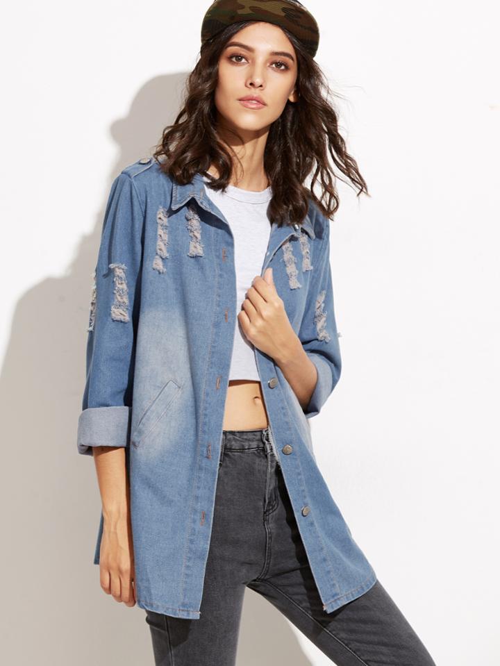 Shein Blue Single Breasted Ripped Denim Coat