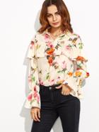 Shein Floral Print Ruffle Bell Sleeve Blouse