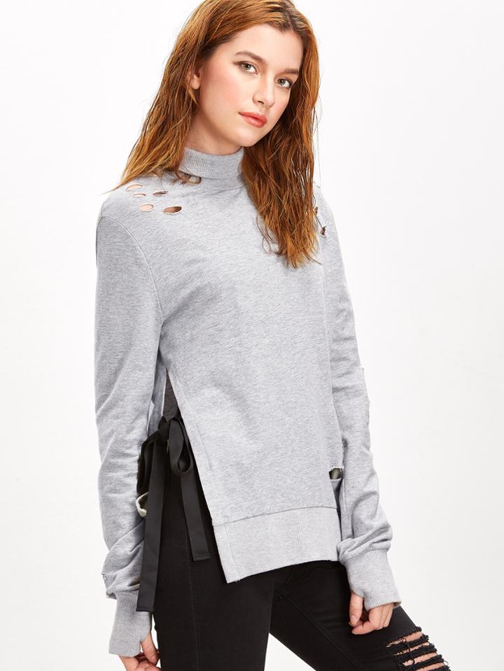 Shein Heather Grey Turtleneck Bow Tie Split Side Distressed Sweatshirt