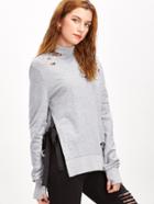 Shein Heather Grey Turtleneck Bow Tie Split Side Distressed Sweatshirt