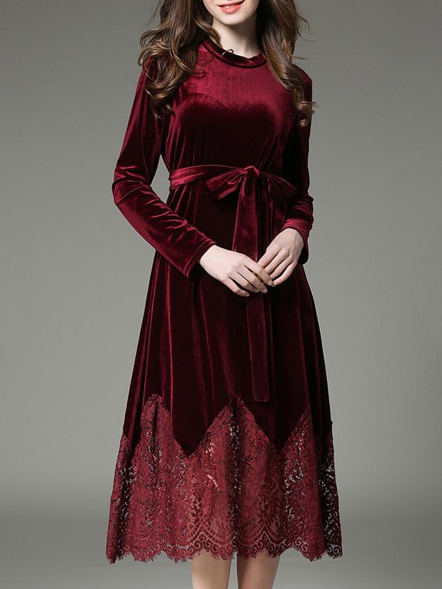 Shein Burgundy Tie-waist Velvet Contrast Lace Dress