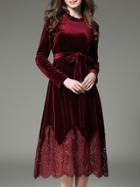 Shein Burgundy Tie-waist Velvet Contrast Lace Dress