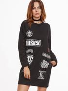 Shein Black Printed Patch Detail Sweatshirt Dress