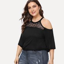Shein Plus Open Shoulder Lace Panel Tee