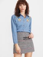 Shein Blue Flower Embroidered Denim Shirt