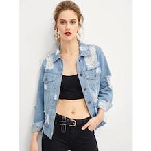 Shein Flap Pocket Front Ripped Denim Jacket