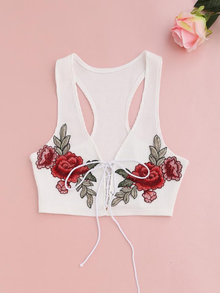 Shein White Ribbed Lace Up Appliques Crop Tank Top