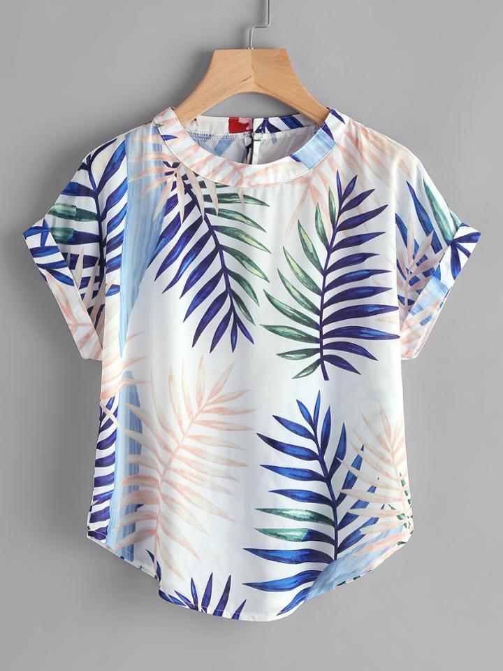 Shein Random Leaf Print Curved Hem Cuffed Blouse