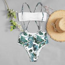 Shein Jungle Leaf Print Bandeau Bikini Set