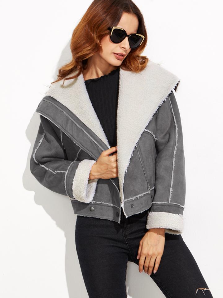 Shein Faux Shearling Asymmetric Zip Aviator Jacket