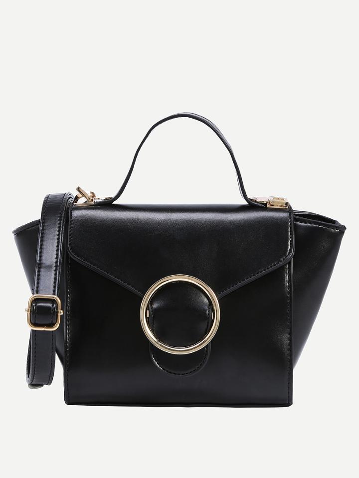 Shein Metal Ring Accent Trapezoid Handbag With Strap - Black