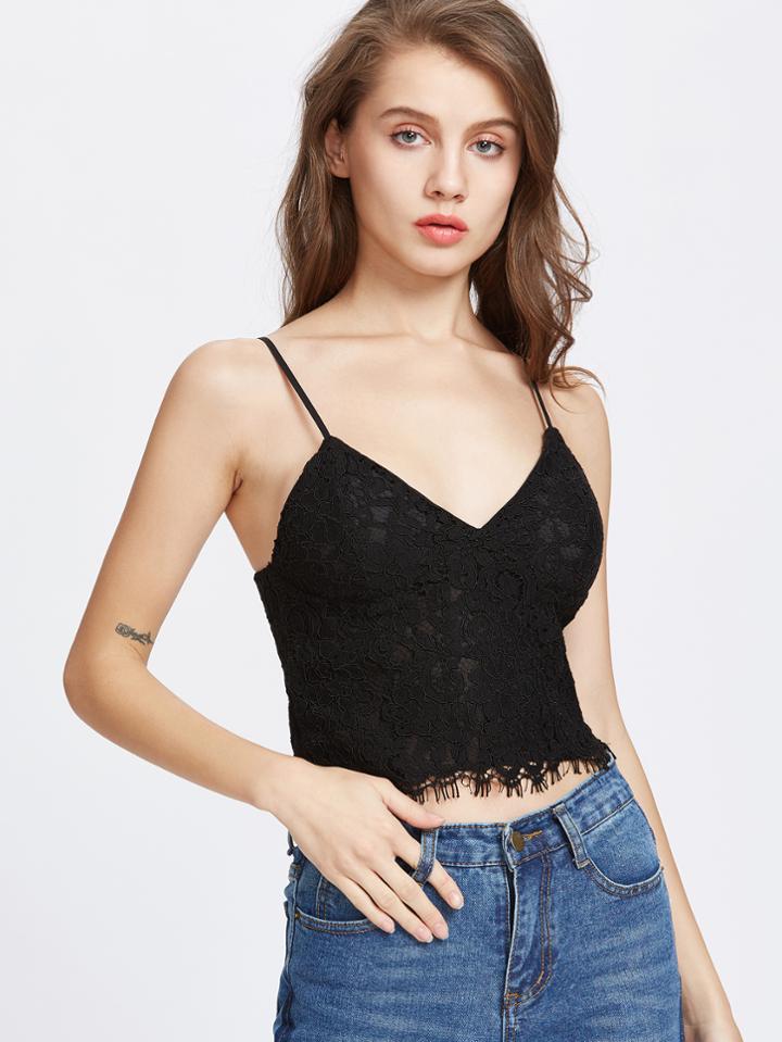 Shein Floral Lace Tassel Hem Crop Cami Top