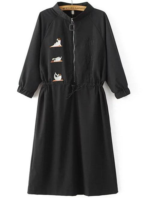 Shein Black Embroidery Drawstring Dress With Zipper