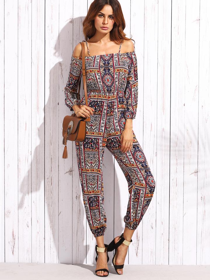 Shein Multicolor Ornate Print Cold Shoulder Peg Jumpsuit