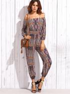Shein Multicolor Ornate Print Cold Shoulder Peg Jumpsuit